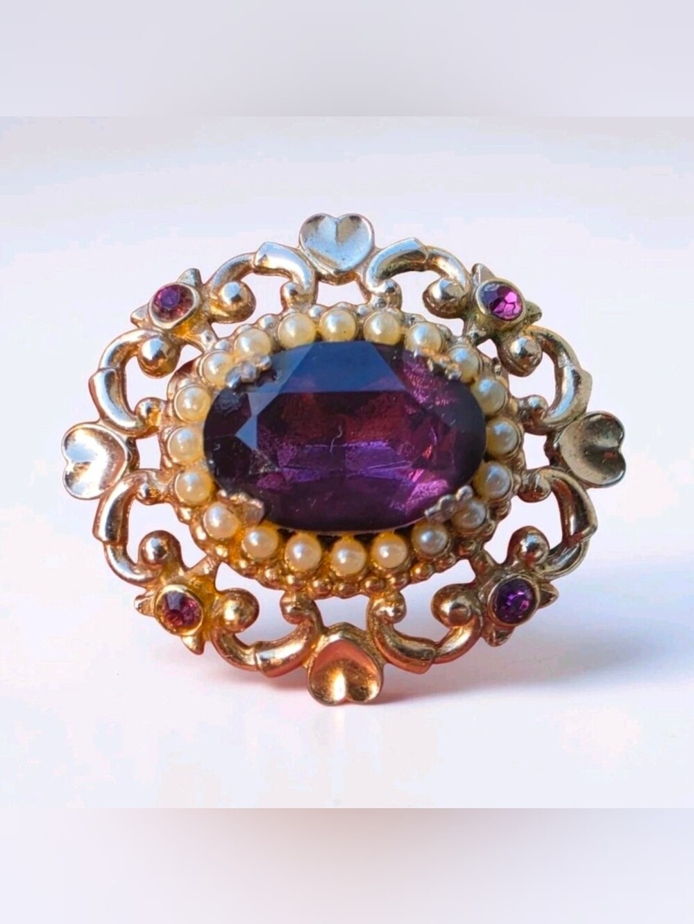 Vintage Signed CORO Victorian Revival Purple Glass Faux Pearl Ornate Brooch